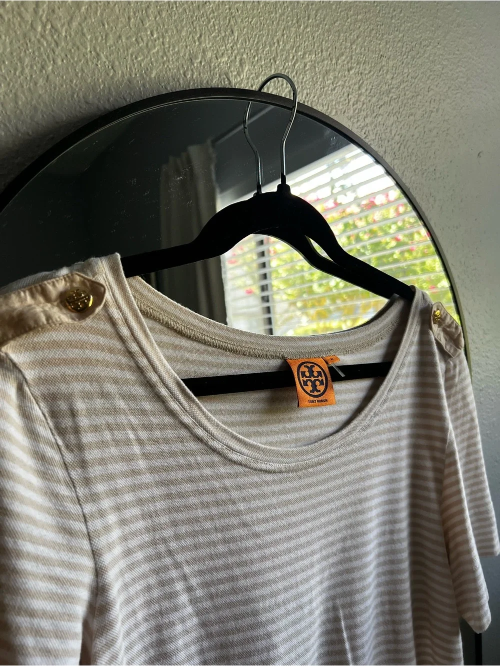 Tory Burch Cream and Beige Striped Short-Sleeve Top with Logo Button Shoulders
